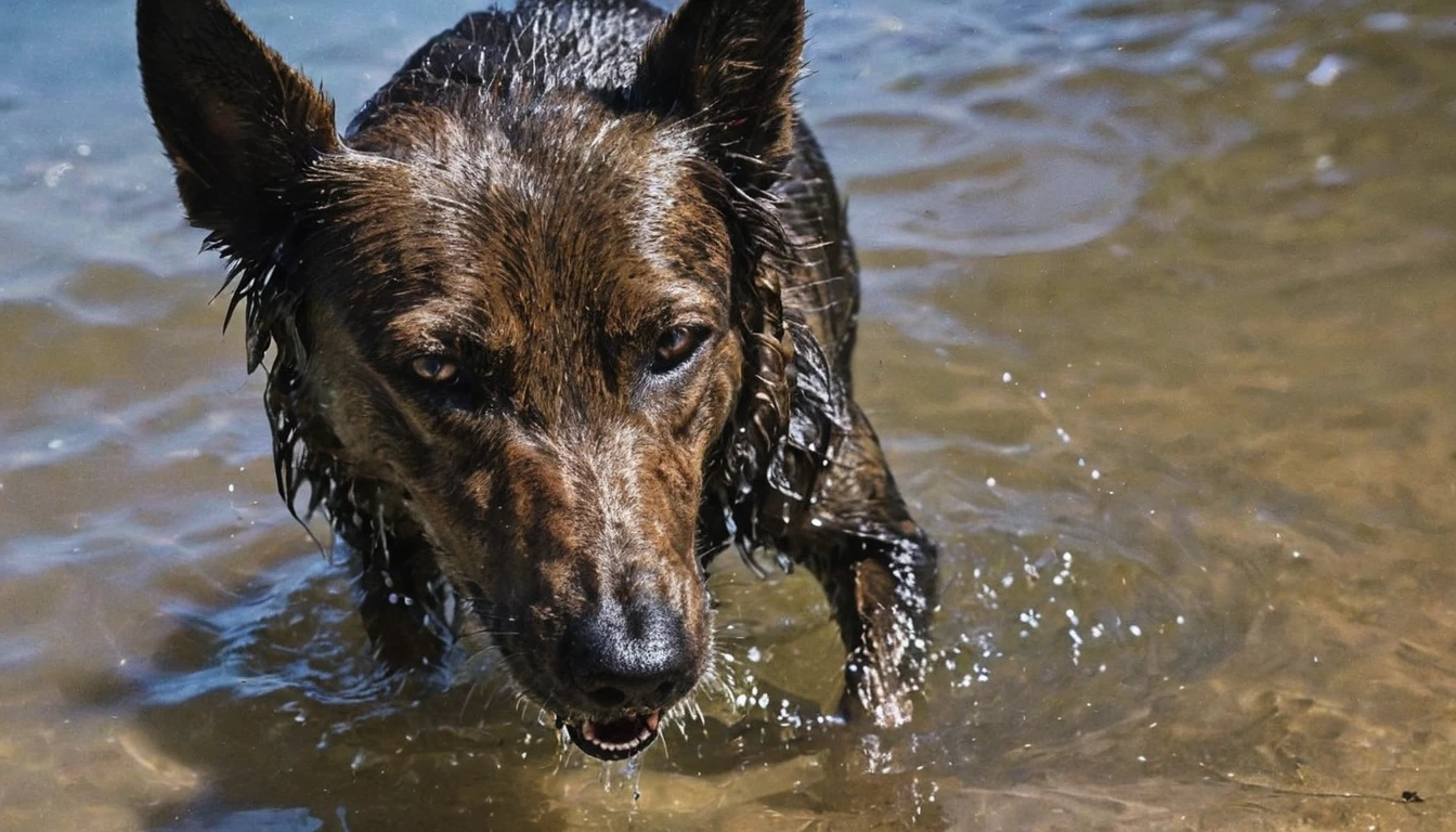 close up dog in water at sunshine