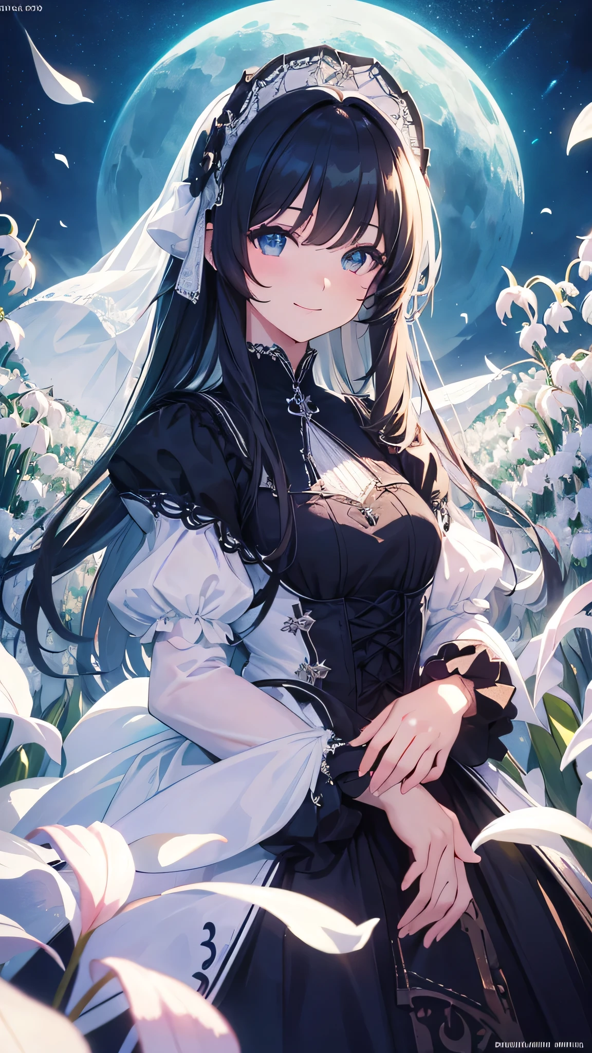 Lily of the valley themed artwork, ((Highest quality)), High resolution, 8k, Cinematic Light, High Contrast, Written boundary depth、smile、sharp、beautiful, Strong brilliance, Detailed Background, One Girl, cute, fine grain, Shining Eyes, Detailed Iris、 Moonlit Night、gothic ta dress
