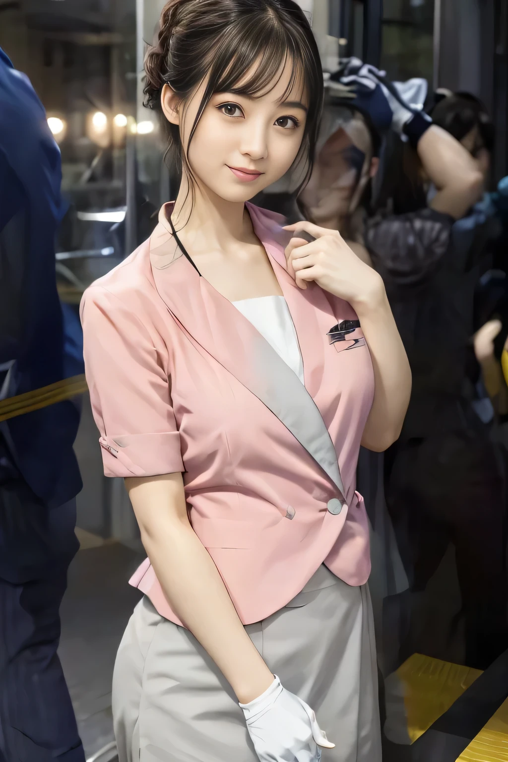 (masterpiece:1.2, Highest quality:1.2), 32K HDR, High resolution, (alone、1 girl)、 (Height: 160cm)、(On the rooftop of a building in the daytime、Professional Lighting)、Building rooftop background、(Nankai train crew uniform pinkを着たリアルスタイル)、(Nankai train crew uniform pink short sleeve collarless pink jacket、Nankai Train Crew Uniform Pink Collarless Short Sleeve Blouse、Nankai Train Crew Uniform Pink Grey Knee-length Culottes)、Dark brown hair、(Hair tied up、Hair tied up、Evening curly hairstyle)、Dark brown hair、Long Shot、Big Breasts、Thin legs、((Great hands:2.0)),((Harmonious body proportions:1.5)),((Normal limbs:2.0)),((Normal finger:2.0)),((Delicate eyes:2.0)),((Normal eyes:2.0)))、smile、(Nankai Train Crew Uniform Pink Grey Knee-length Culottesを見せた美しい歩く姿)、Place your hands around your stomach、Lanyard employee ID card