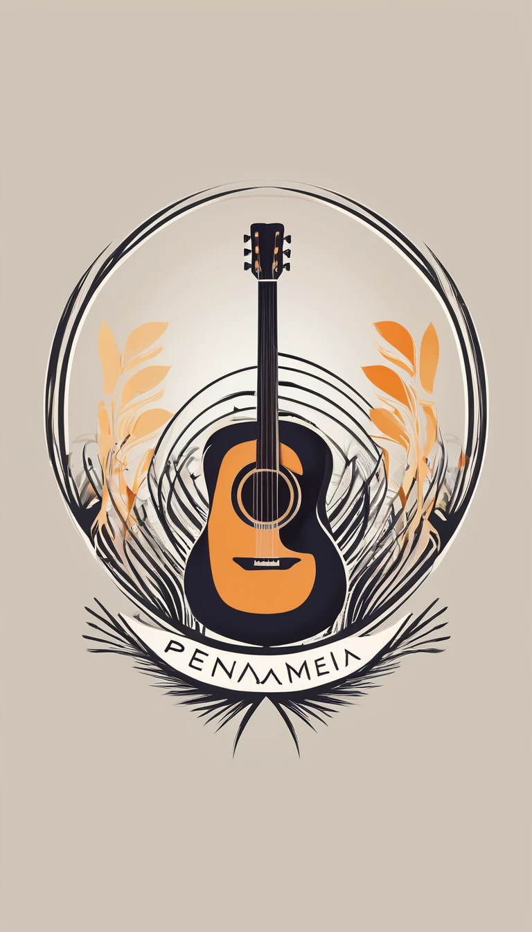 A minimal, modern, simple, abstract, unique logo design for the brand “Penamemoria".. The logo must convey a sense of music, stories and dreams. Minimalistic, abstract, logo of boy-feather playing acoustic guitar.