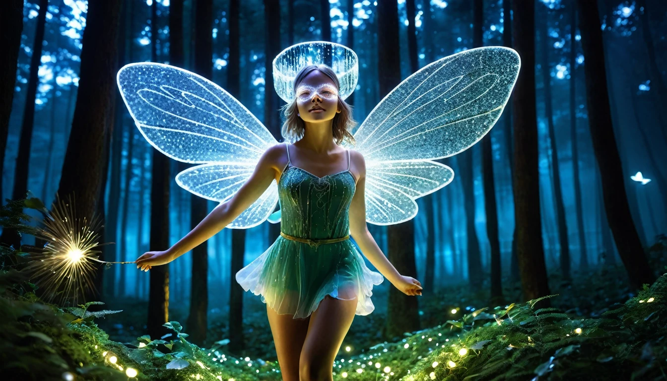 masterpiece, 1 Fairy, Flying fairy girl, Perfect Face, Light, Glass Tree Forest, Dramatic lighting, Blindfold, Super detailed, floating glow Lights, Depth of written boundary, (Shining Dust)
