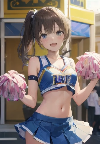 1girl, minako satake (million live), brown hair, ponytail, (best quality, 8K, masterpiece, ultra detailed:1.2), (lens flare, light particles, sparkle), depth of field, day, dappled sunlight, 1girl, solo, cheerleader, pom pom \(cheerleading\), seductive smile, cinematic angle, head tilt, cowboy shot, (outdoors, street), carousel, wind, backlighting, shadow, confetti, :d,