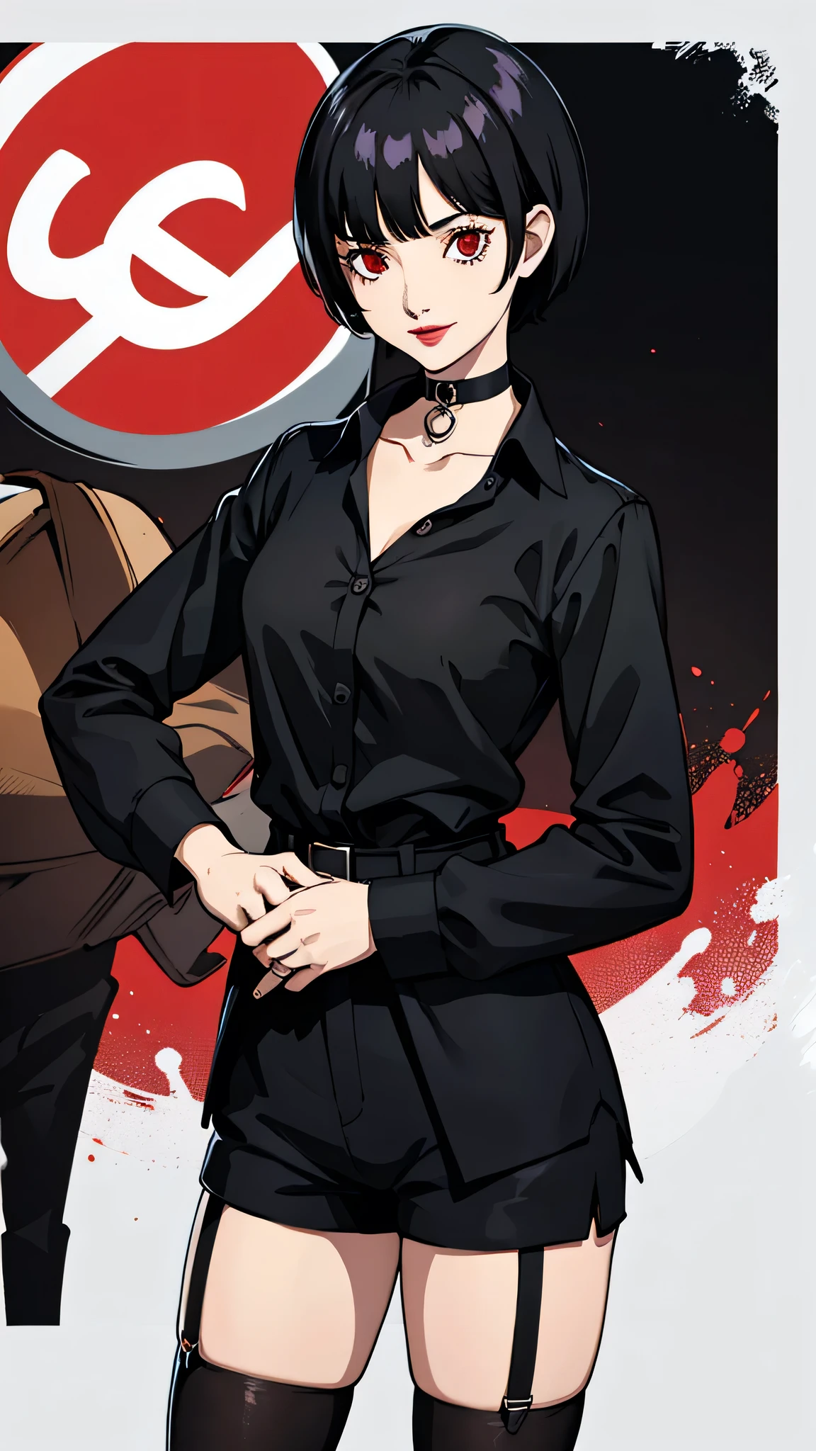 1 girl, Red eyes, very Short hair, black choker, lipstick, smile, black hair, female , tomboy Pixie haircut, long shirt, shorts, stockings, cowboy shot,
