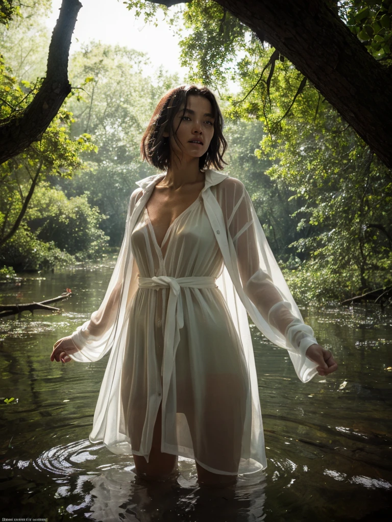 Best quality, ultra high res, full body shot from a danish pretty women wearing white transparent raincoat with floral sundress standing in between fallen trees and looking around, she is submerged in water in the dark swamps, realistic skin, rain drop, dynamic light and shadow, cinematic lighting, dynamic angle, short hair, perfect face and eyes, zenit analog camera shot with 35mm lens f/2.0, beautiful bokeh, cinematic film looks, aesthetic photorealistic, original photo in 2024