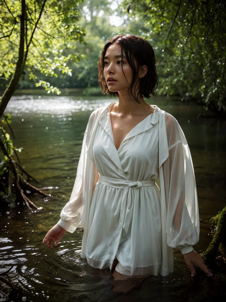 Best quality, ultra high res, full body shot from a danish pretty women wearing white transparent raincoat with floral sundress standing in between fallen trees and looking around, she is submerged in water in the dark swamps, realistic skin, rain drop, dynamic light and shadow, cinematic lighting, dynamic angle, short hair, perfect face and eyes, zenit analog camera shot with 35mm lens f/2.0, beautiful bokeh, cinematic film looks, aesthetic photorealistic, original photo in 2024