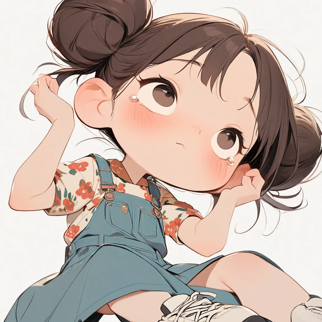 (masterpiece, best quality:1.2), cartoonish character design。Pure white background，1 girl, alone，big eyes，cute  expression，There are tears in eyes，Two hair buns，Floral shirt，Overalls，White sneakers，stand，interesting，interesting，clean lines