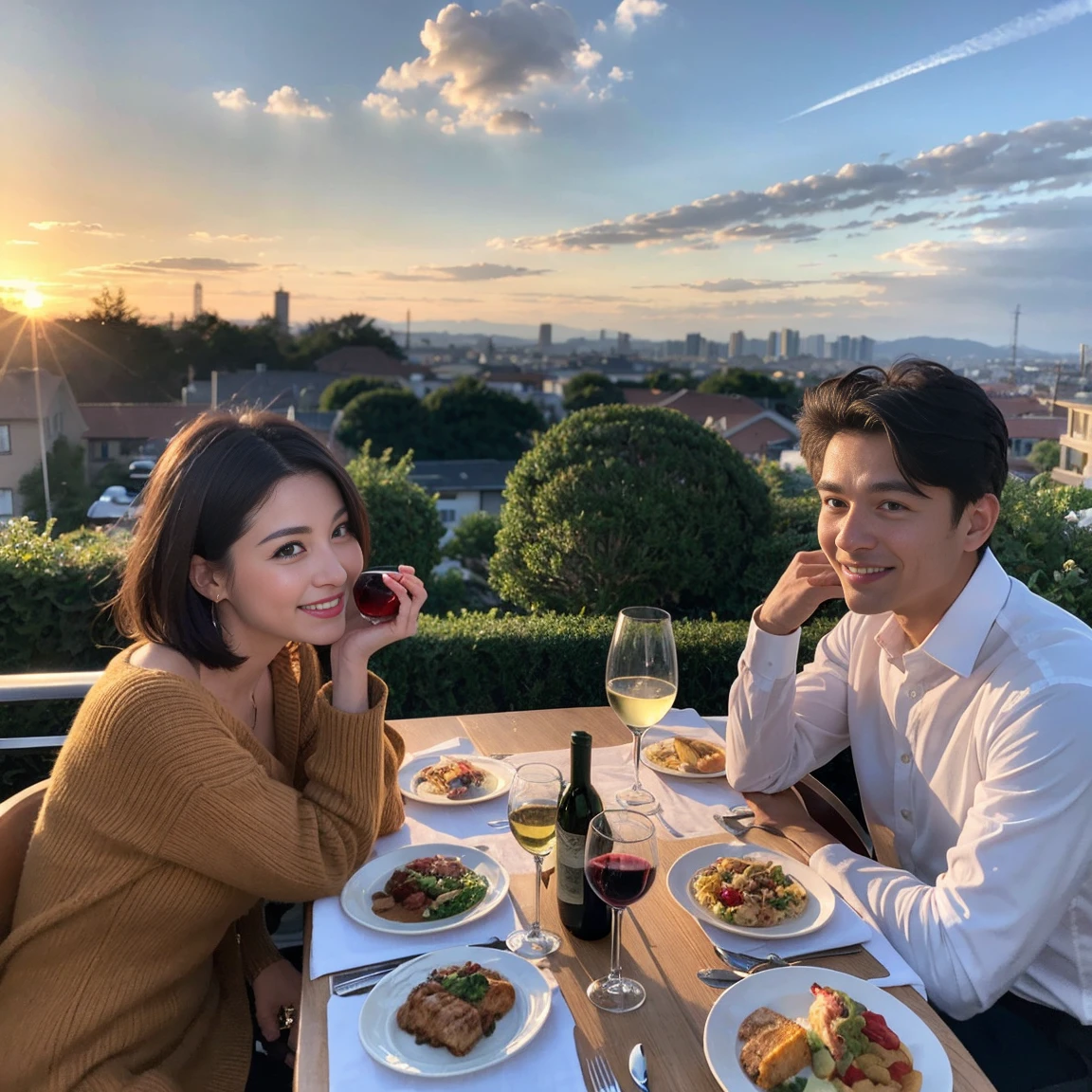 ((Highest quality、8k、masterpiece:1.3))、 (Genuineistic, Genuine、Bright image、Intricate details:1.2), 最高のsmile、1 male, 1 female、Beautiful couple、lover、Relatives and friends、A good friend、actress couple、smile、A full-course dinner with a full table、 (Slim face), (the body is slim), (Brown Hair), (short hair), テーブルのwine glass、Please shine a light on my face、 Amazing view of the sunset sky and clouds、 (Age 35)40 years old, red wine 、Appetizers、Wine bottle、sparkling wine、Long sleeve shirt、dress、White wine, red wine, wine glass,