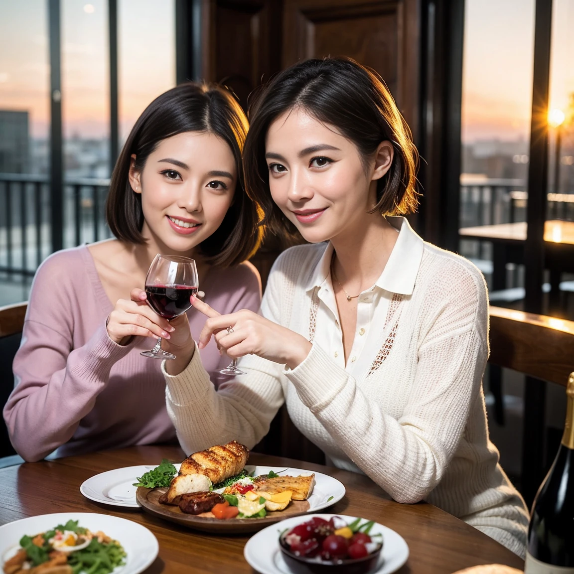 ((Highest quality、8k、masterpiece:1.3))、 (Genuineistic, Genuine、Bright image、Intricate details:1.2), 最高のsmile、1 male, 1 female、Beautiful couple、lover、Relatives and friends、A good friend、actress couple、smile、A full-course dinner with a full table、 (Slim face), (the body is slim), (Brown Hair), (short hair), テーブルのwine glass、Please shine a light on my face、 Amazing view of the sunset sky and clouds、 (Age 35)40 years old, red wine 、Appetizers、Wine bottle、sparkling wine、Long sleeve shirt、dress、White wine, red wine, wine glass,