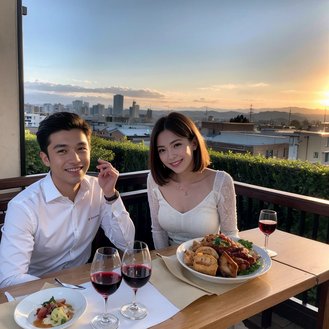 ((Highest quality、8k、masterpiece:1.3))、 (Genuineistic, Genuine、Bright image、Intricate details:1.2), 最高のsmile、1 male, 1 female、Beautiful couple、lover、Relatives and friends、A good friend、actress couple、smile、A full-course dinner with a full table、 (Slim face), (the body is slim), (Brown Hair), (short hair), テーブルのwine glass、Please shine a light on my face、 Amazing view of the sunset sky and clouds、 (Age 35)40 years old, red wine 、Appetizers、Wine bottle、sparkling wine、Long sleeve shirt、dress、White wine, red wine, wine glass,
