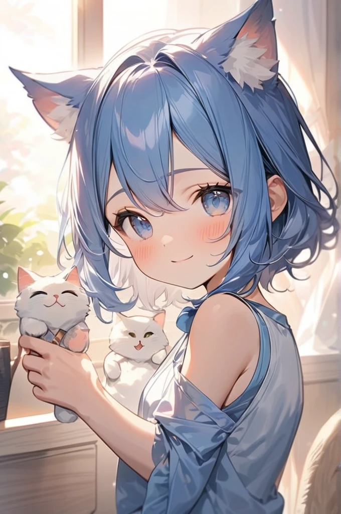 ((Best quality)), ((masterpiece)), (detailed), a cat girl with blue hair with a cat in her hands wishes good morning