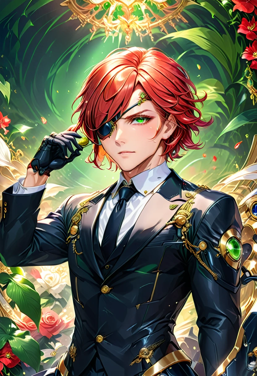 Arafed a picture of a human male spy, wearing dark suit, wearing ((mecha eye patch)), ((eye patch covering only one eye: 1.5))exquisite beautiful male, red hair, short crop hair, green eyes, the eye patch has intricate mechanical part in it, high society gala event background, (Masterpiece: 1.5), 16k, highres, best quality, high details, ultra detailed, masterpiece, best quality, (extremely detailed),