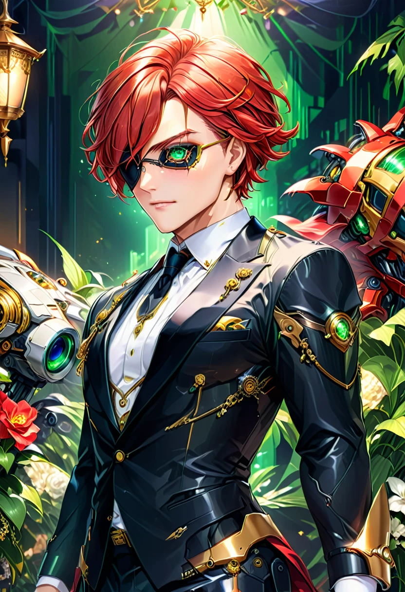 Arafed a picture of a human male spy, wearing dark suit, wearing ((mecha eye patch)), ((eye patch covering only one eye: 1.5))exquisite beautiful male, red hair, short crop hair, green eyes, the eye patch has intricate mechanical part in it, high society gala event background, (Masterpiece: 1.5), 16k, highres, best quality, high details, ultra detailed, masterpiece, best quality, (extremely detailed),