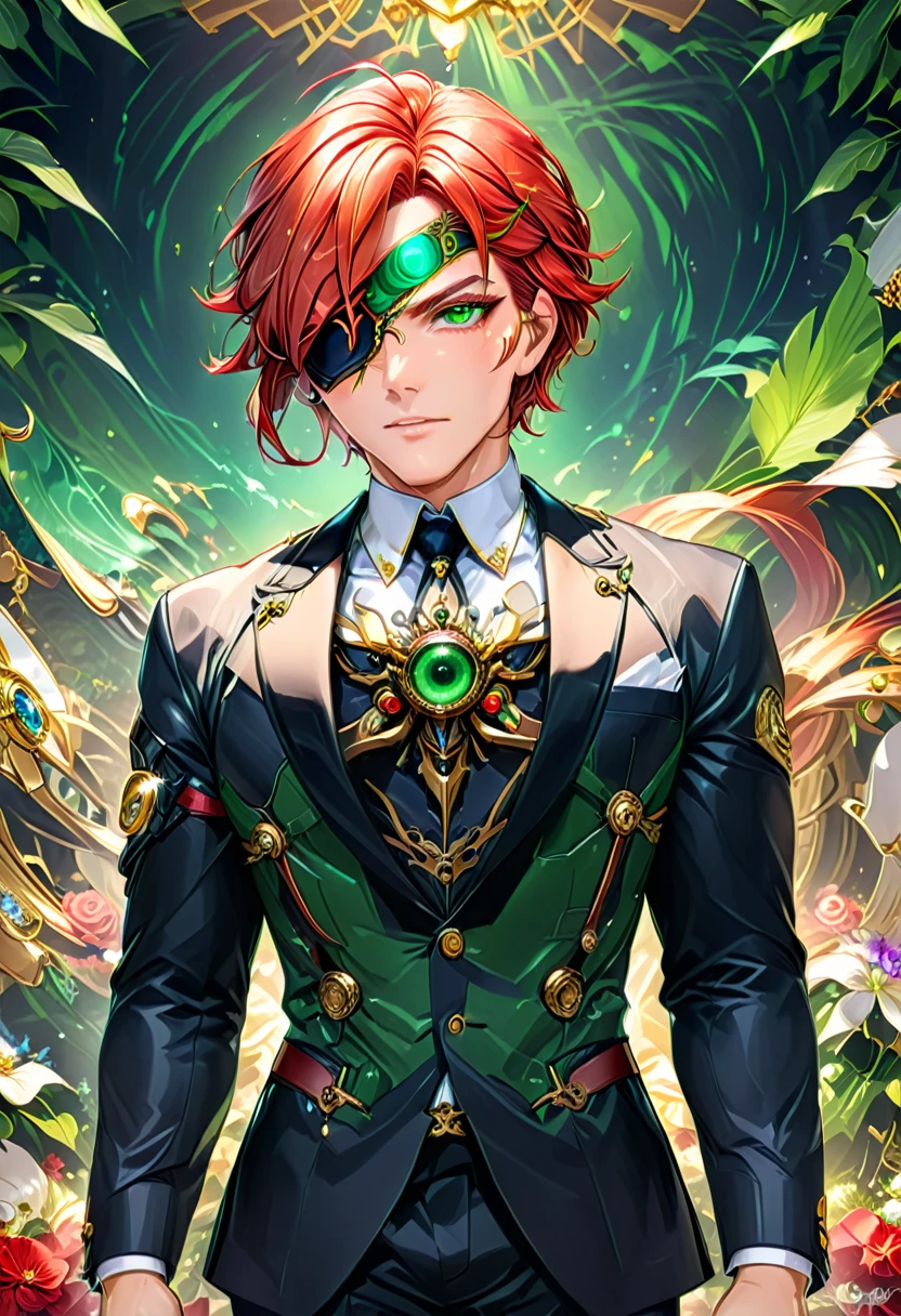 Arafed a picture of a human male spy, wearing dark suit, wearing ((mecha eye patch)), ((eye patch covering only one eye: 1.5))exquisite beautiful male, red hair, short crop hair, green eyes, the eye patch has intricate mechanical part in it, high society gala event background, (Masterpiece: 1.5), 16k, highres, best quality, high details, ultra detailed, masterpiece, best quality, (extremely detailed),