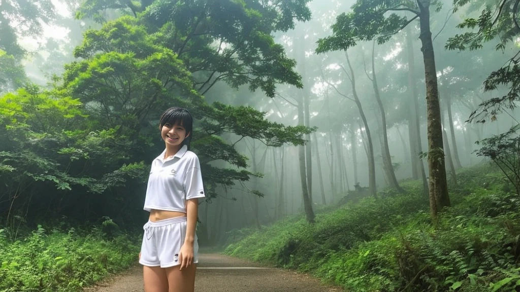 1 person、Japanese、Misty Forest、There is a hut nearby　28 years old、smile、Sportswear、Beach Volleyball Uniforms、Wet body、Browsing Caution、