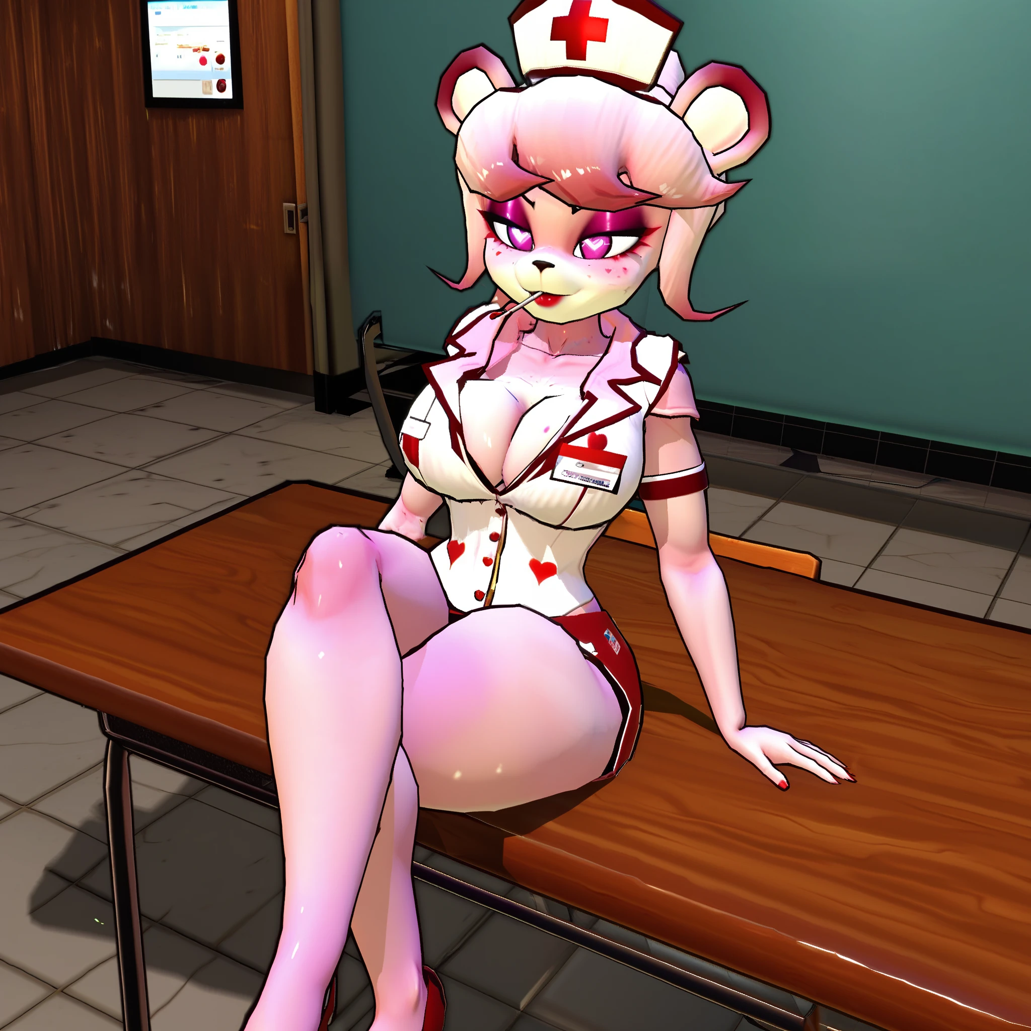 (8k, RAW photos, top quality, masterpiece: 1.2), (High Quality), ray tracing, HDR, (High Details), (Face detail), (Shadow Detail), LOVESTRUCK FRENNI, SEXY BEAR GIRL, 3D, 3D RENDER, PINK FUR, TWO TONED FUR, 1GIRL, SOLO, cleavage, makeup, heart shaped pupils, Nurse outfit, sitting at reception desk, on phone, pouting, hospital, legs crossed on table, leaning back in chair, legs kicked up, lollipop,