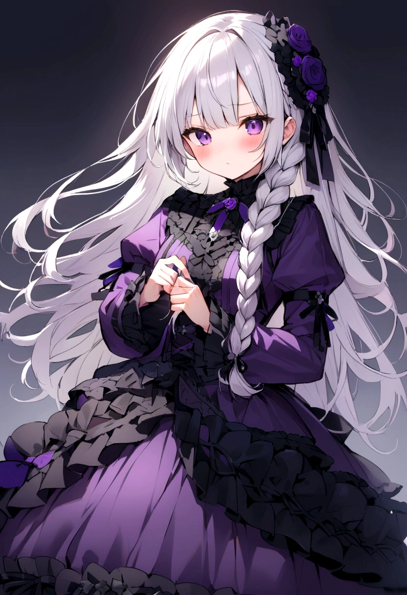 Short white hair, blush, Headbang 2.、cute、Beautiful woman、Stylish Gothic Lolita、Purple clothes、、Braiding、Background Paris、