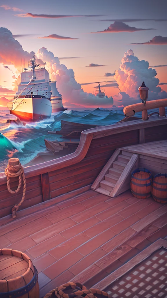 A boat drifts on the sea at dusk,Barrels and scattered reins were neatly placed on the wooden deck.,In the distance, two ships are floating on the rough sea.,An island in the distance,There is also blue sky, white clouds and seagulls,Natural light,High-definition quality,High-quality posters,