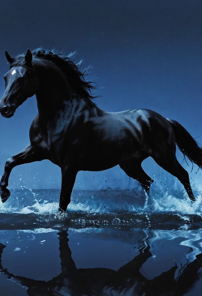 glitch art, fashion shoot, black horse running at water surface in darkness at night, blue background