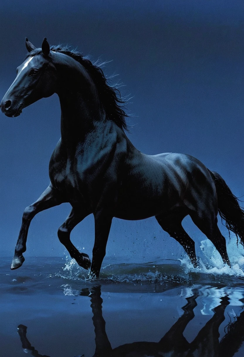 glitch art, fashion shoot, black horse running at water surface in darkness at night, blue background