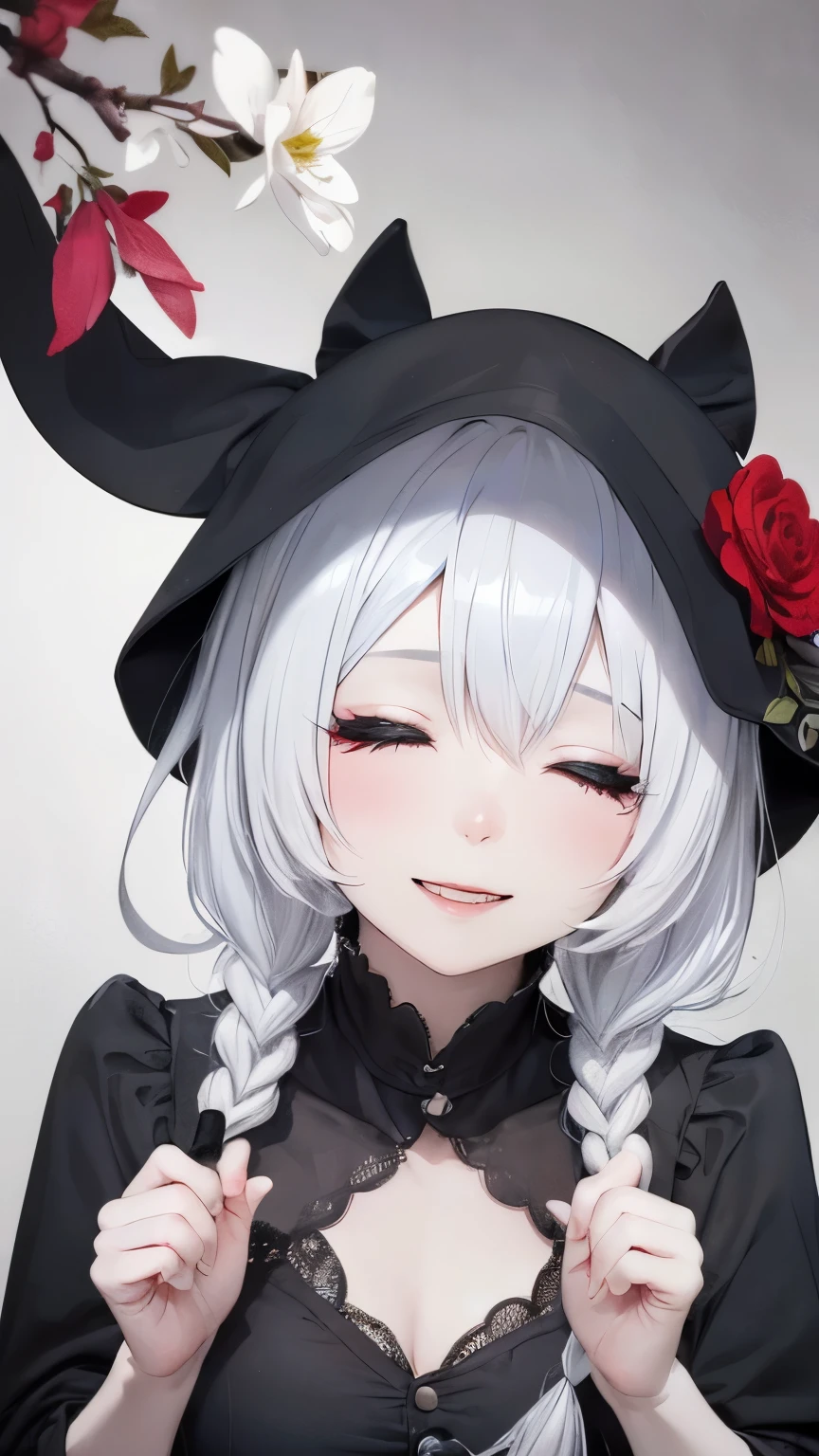 alone,1 female\(cute,cute,,hair color is white,Braiding,Messy Hair,Dark eye color,Close your eyes and smile,White skin,Big smile,enjoy,whole body,Grim Reaper in a black robe,Holding a sickle and a skull,skip,Flower Hair Ornaments,Gray Hair\),background\(Black Sky,Withered flowers blooming all over the ground,Dark red water\), break ,quality\(8k,非常に精細なCGユニットのwallpaper, masterpiece,High resolution,top-quality,top-quality real texture skin,Surreal,Increase the resolution,RAW Photos,最高quality,Very detailed,wallpaper\)