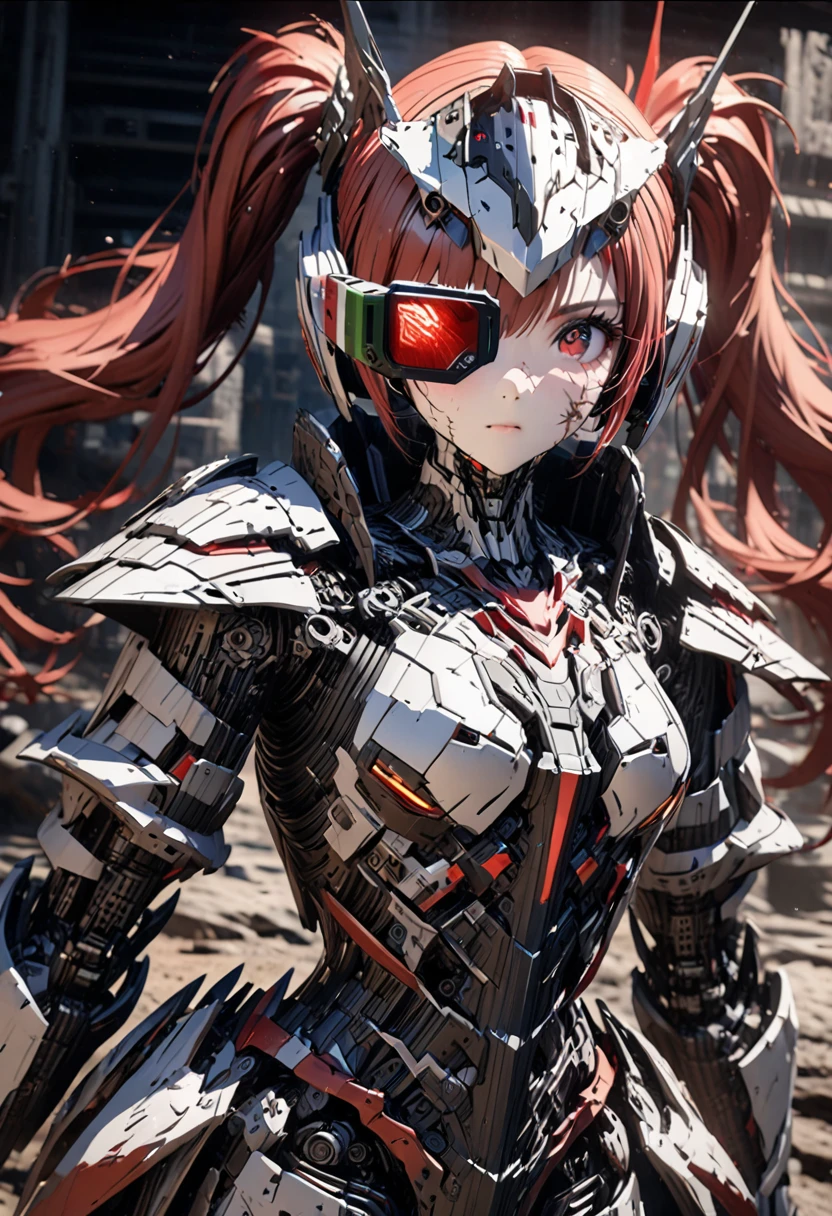 3D digital art from the fantasy world, 1girl, robot girl, red hair, twin tails, red eyes, white and gray camouflage clothing, she wearing flashy robot armor, holding an urban camouflage long range rifle, a robot-like helmet on the head, scouter in one eye, the skin on half of the face has peeled off, the base of the cyborg is visible, face full of scars, close up face, shot from an angle,High resolution, high precision images, 4k, 8k, best quality, hyper-detailed, intricate details, cinematic lighting, dramatic colors, concept art style