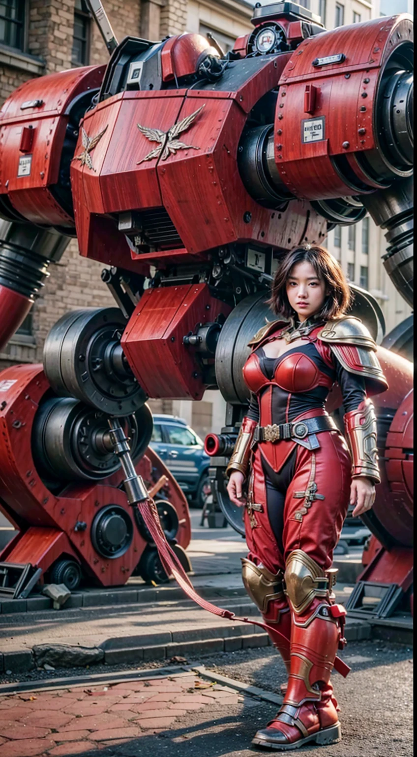 Dystopian night scene, very intricate details, Japanese woman wearing model-like armor, beautiful face, legs, cylinders that look like muscles, pose in motion, 8k, ultra high resolution, super realism, realistic photo, taken with Fuji film X-T30.+Nokton. HDR10