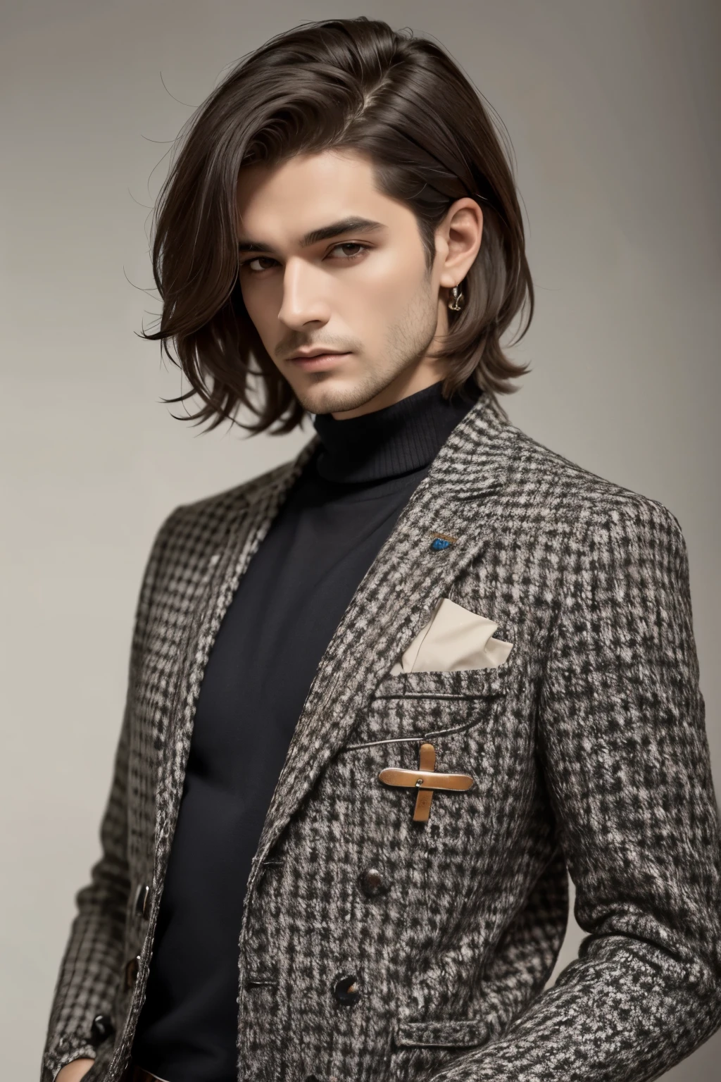 O cabelo dele era cortado de forma desigual, com. Uma franja comprida, cabelo preto e e emaranhado, levemente grisalho dos lados. He wore a tweed jacket with leather inserts on the elbows.