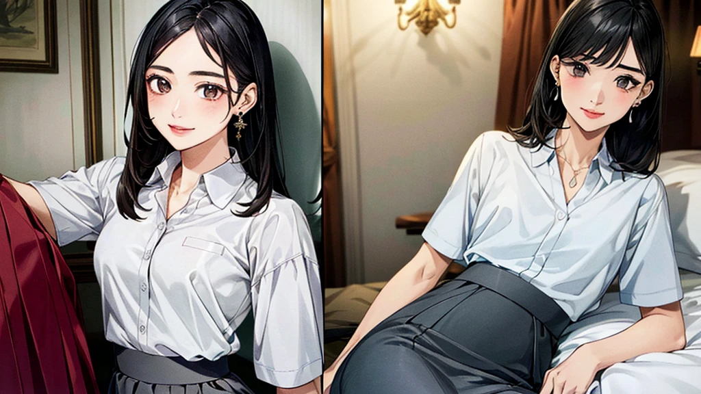 (masterpiece:1.3, Highest quality, Ultra-high resolution, Super detailed), (Realistic, photoRealistic:1.4), Beautiful illustrations, Perfect lighting, colorful, Depth of written boundary, Beautiful detailed hair, Beautifully detailed face, Beautiful fine details, Beautiful clavicle, Beautiful body, 美しいLarge Breasts, Beautiful thighs, Beautiful feet, Beautiful fingers, View Viewer、Front view:0.6, Beauty1人, Japanese, Beauty、30 years old, Perfect Face, (Perfect Anatomy, Anatomically correct), Cute and symmetrical face, , , Shiny skin, (Collared shirt:1.4), (Grey long skirt:1.5)、 (Black Hair, Medium Straight Hair:1.4), Dark brown eyes, Large Breasts, Slim body, necklace, (Small earrings:1.3), (Beautiful views), (night), (Hotel Rooms、bed), (bedで横になっている:1.4), A soft smile、(Smile, Lips parted),