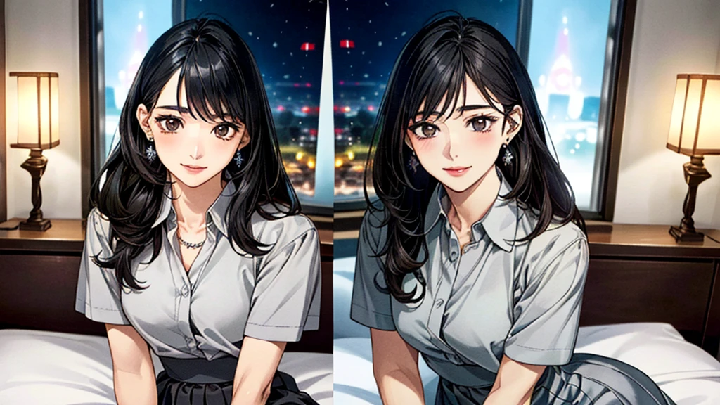 (masterpiece:1.3, Highest quality, Ultra-high resolution, Super detailed), (Realistic, photoRealistic:1.4), Beautiful illustrations, Perfect lighting, colorful, Depth of written boundary, Beautiful detailed hair, Beautifully detailed face, Beautiful fine details, Beautiful clavicle, Beautiful body, 美しいLarge Breasts, Beautiful thighs, Beautiful feet, Beautiful fingers, View Viewer、Front view:0.6, Beauty1人, Japanese, Beauty、30 years old, Perfect Face, (Perfect Anatomy, Anatomically correct), Cute and symmetrical face, Baby Face, , Shiny skin, (Collared shirt:1.4), (Grey long skirt:1.5)、 (Black Hair, Medium Straight Hair:1.4), Dark brown eyes, Large Breasts, Slim body, necklace, (Small earrings:1.3), (Beautiful views), (night), (Hotel Rooms、bed), (bedで横になっている:1.4), A soft smile、(Smile, Lips parted),