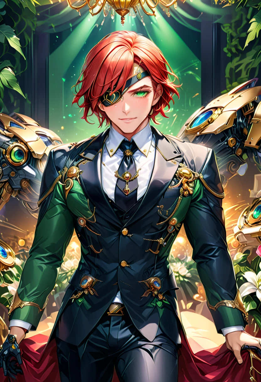 Arafed a picture of a human male spy, wearing dark suit, wearing ((mecha eye patch)), ((eye patch covering only one eye: 1.5))exquisite beautiful male, red hair, short crop hair, green eyes, (the eye patch has intricate mechanical part in it: 1.4), high society gala event background, (Masterpiece: 1.5), 16k, highres, best quality, high details, ultra detailed, masterpiece, best quality, (extremely detailed),