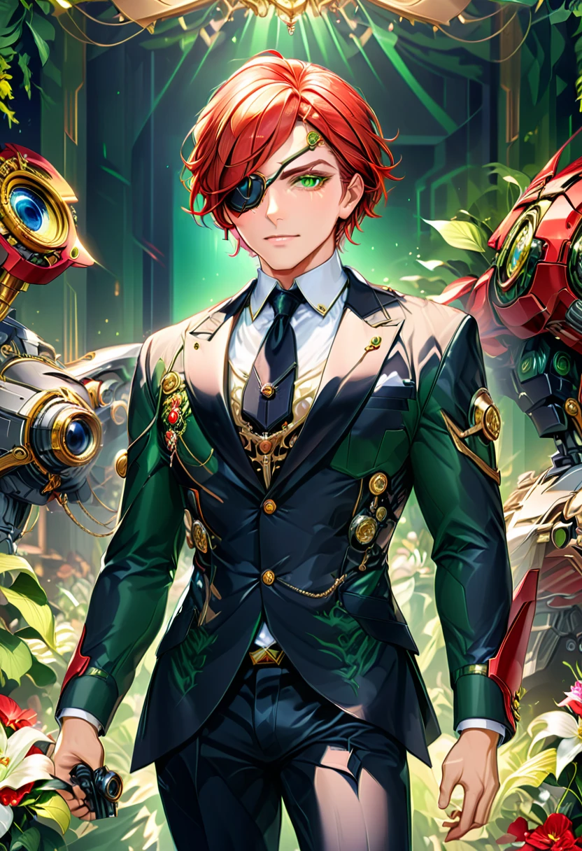 Arafed a picture of a human male spy, wearing dark suit, wearing ((mecha eye patch)), ((eye patch covering only one eye: 1.5))exquisite beautiful male, red hair, short crop hair, green eyes, (the eye patch has intricate mechanical part in it: 1.4), high society gala event background, (Masterpiece: 1.5), 16k, highres, best quality, high details, ultra detailed, masterpiece, best quality, (extremely detailed),