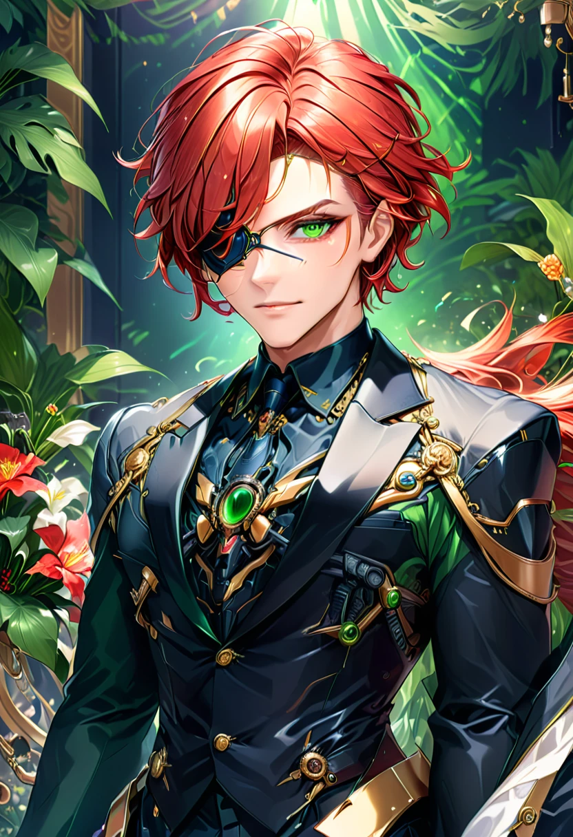 Arafed a picture of a human male spy, wearing dark suit, wearing ((mecha eye patch)), ((eye patch covering only one eye: 1.5))exquisite beautiful male, red hair, short crop hair, green eyes, (the eye patch has intricate mechanical part in it: 1.4), high society gala event background, (Masterpiece: 1.5), 16k, highres, best quality, high details, ultra detailed, masterpiece, best quality, (extremely detailed),