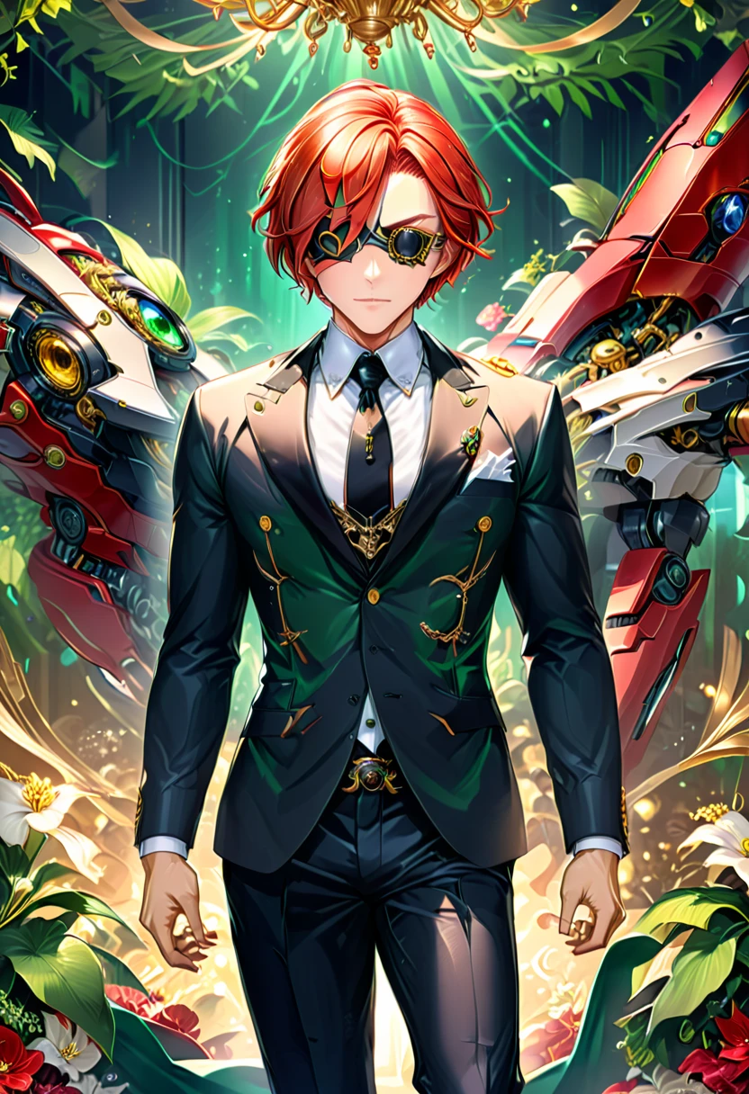 Arafed a picture of a human male spy, wearing dark suit, wearing ((mecha eye patch)), ((eye patch covering only one eye: 1.5))exquisite beautiful male, red hair, short crop hair, green eyes, (the eye patch has intricate mechanical part in it: 1.4), high society gala event background, (Masterpiece: 1.5), 16k, highres, best quality, high details, ultra detailed, masterpiece, best quality, (extremely detailed),