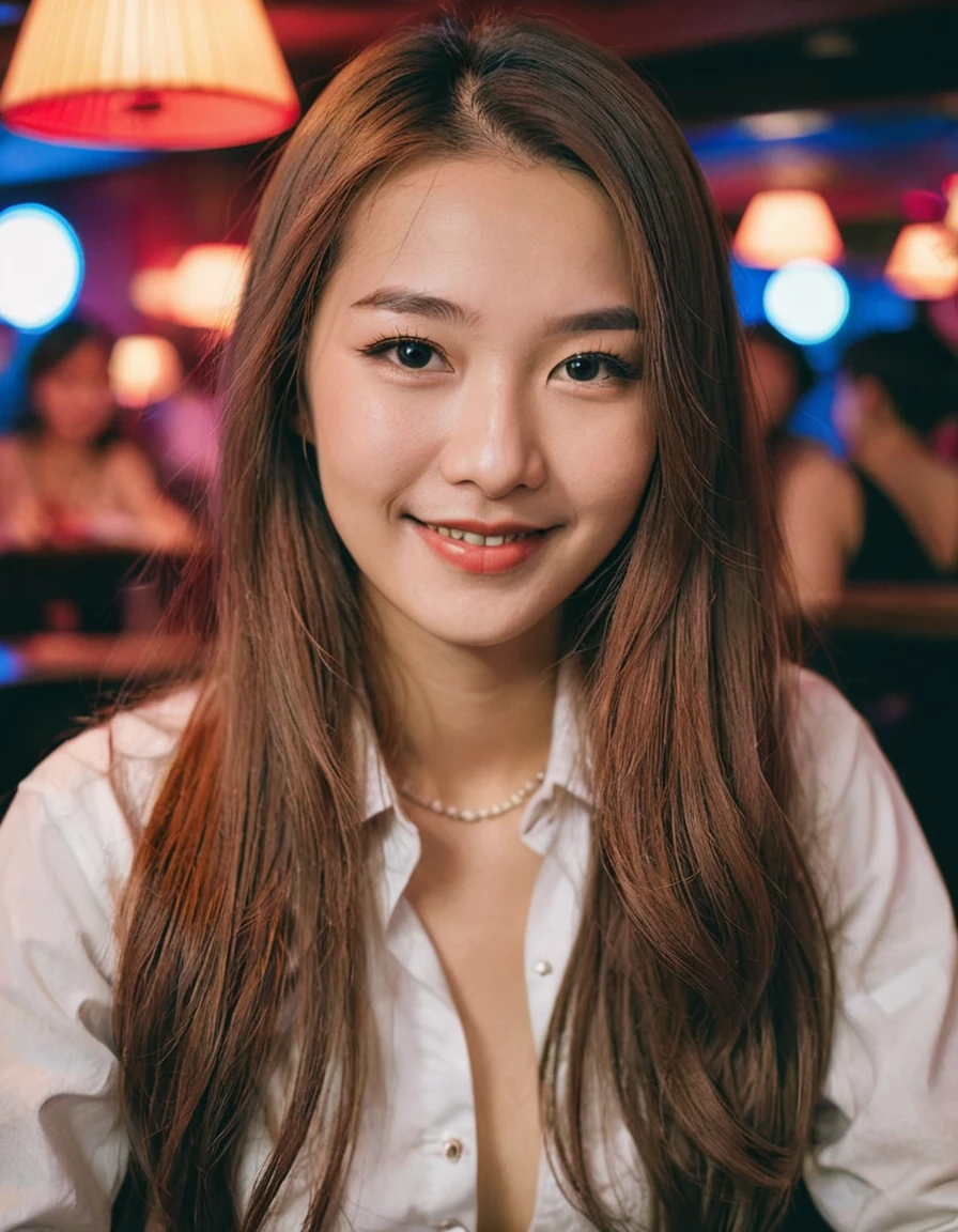 Portrait MagMix Girl looking at the camera, Long Hair, Work in a cabaret club,young,smile,night,Fair skin,Japanese