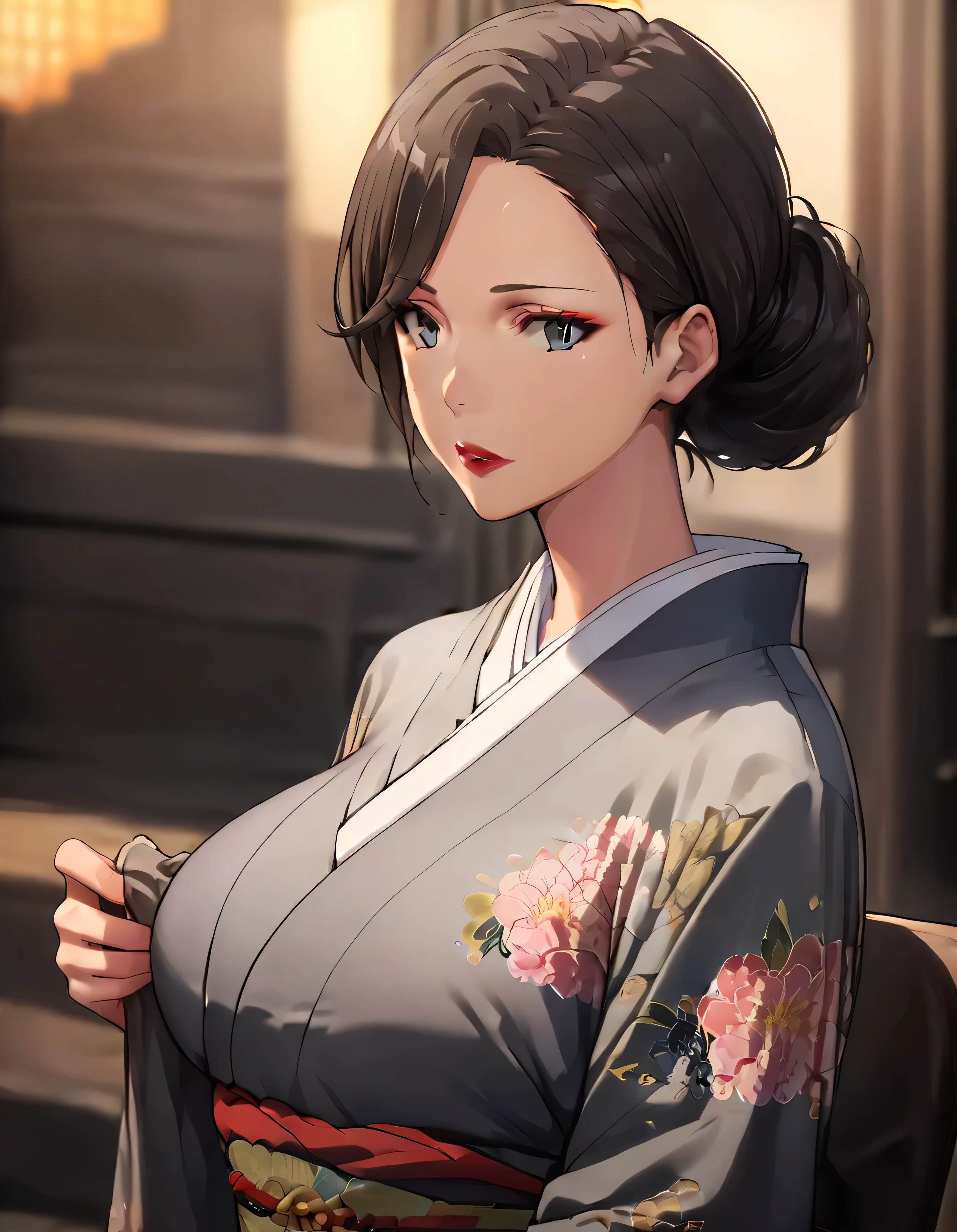 score_9, score_8_superior, score_7_superior, score_6_superior, score_5_superior, score_4_superior,Mr. Yukinoshita, Hair Bun, lipstick,Large Breasts,kimono,Anime Style