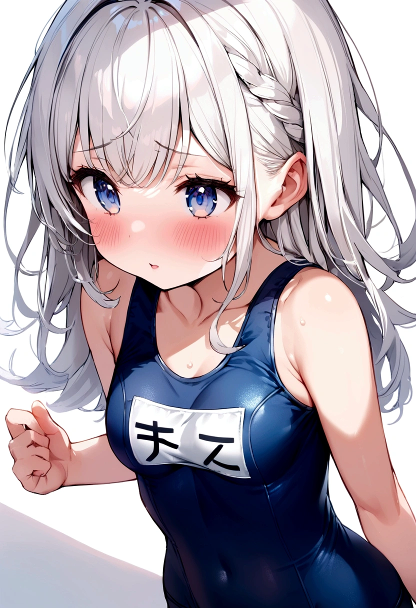 Short white hair, blush, Headbang 2.、cute、Beautiful woman、School Swimsuit、