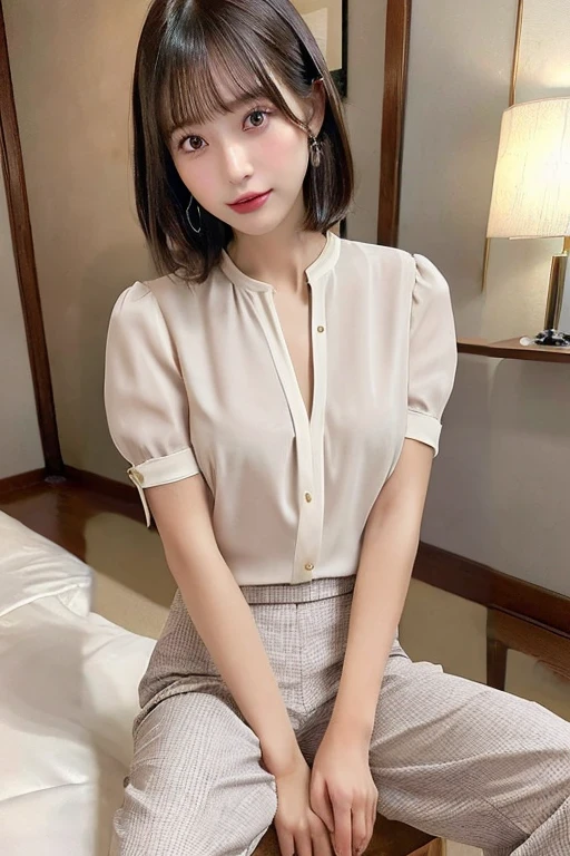 A casual yet elegant blouse 　- Delicate silhouette and details give it a mature look 　- Goes well with pretty pants and skirts