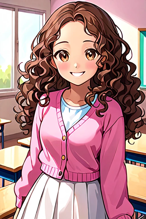 A beautiful young student girl smiling, long brown curls, light brown eyes, white skirt, pink cardigan, in a classroom