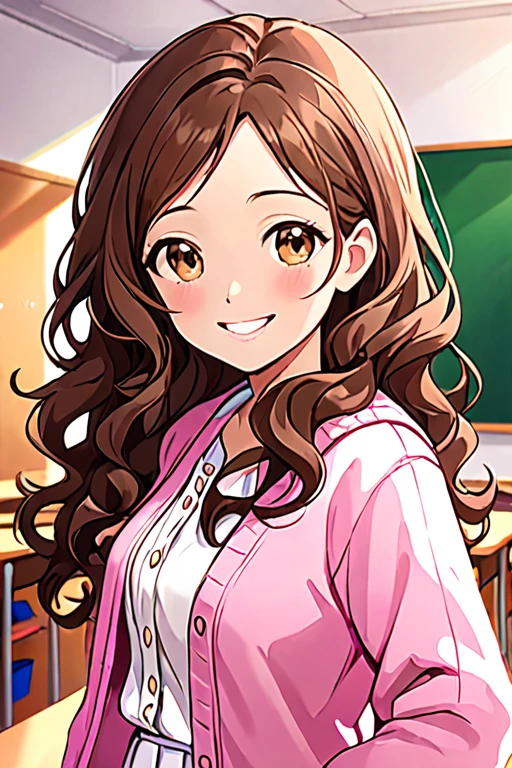 A beautiful young student girl smiling, long brown curls, light brown eyes, white skirt, pink cardigan, in a classroom