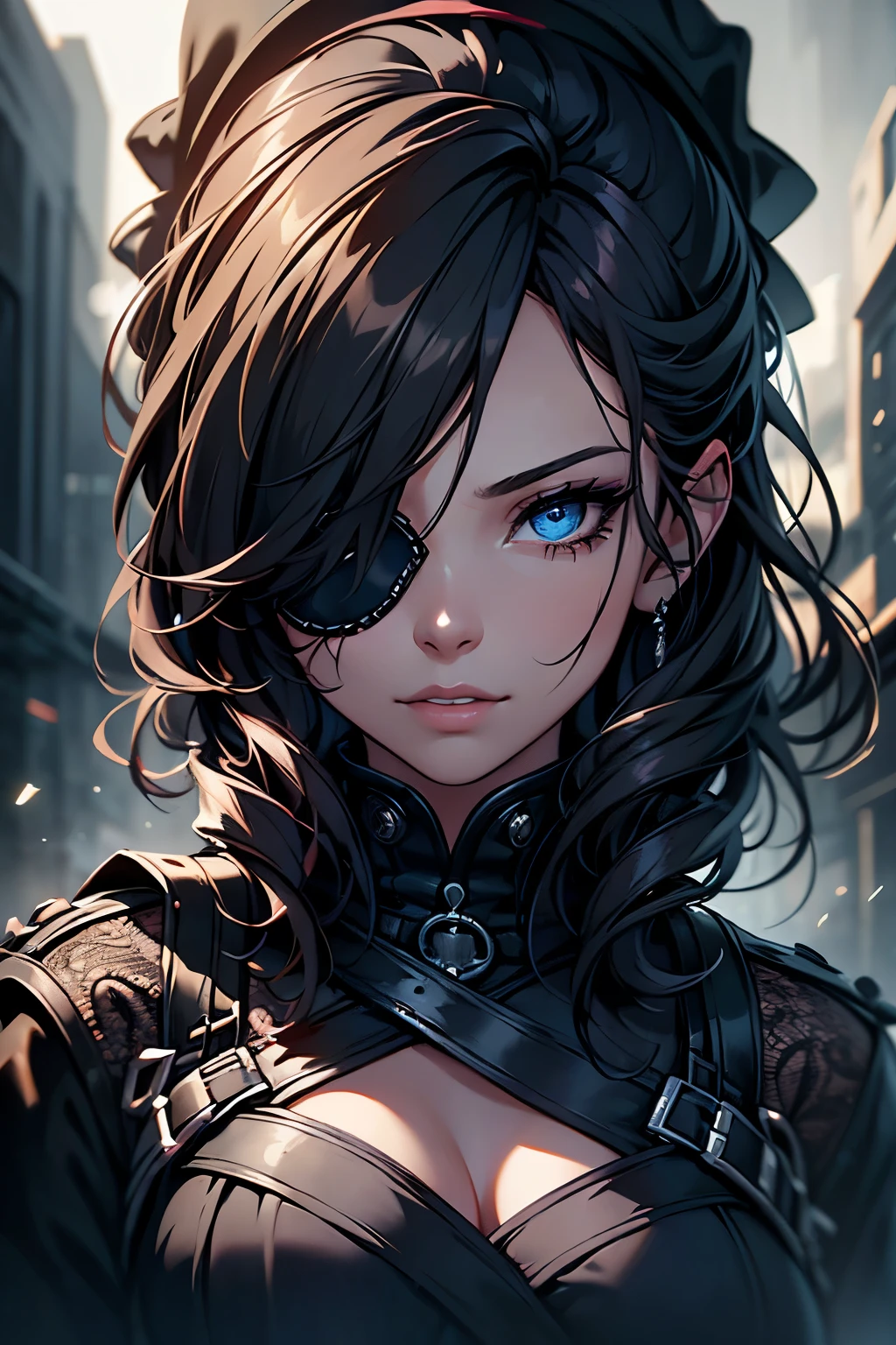 beautiful girl with an eye patch, portrait, high quality, detailed face, beautiful eyes, long eyelashes, detailed clothing, detailed background, realistic, photorealistic, cinematic lighting, dramatic lighting, dark moody atmosphere, vibrant colors, digital painting, concept art