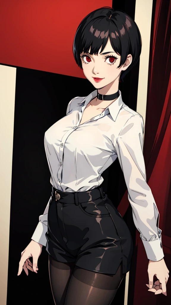 1 girl, Red eyes, very Short hair, black choker, lipstick, smile, black hair, female , tomboy Pixie haircut, long shirt, shorts, pantyhose, cowboy shot,