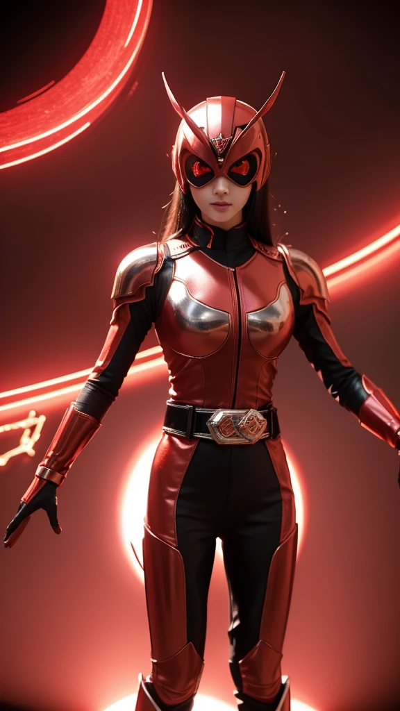 1girl, solo, 8K， Top，hentail realism、Front lighting，Kamen Rider Scarlet_Sun。Metallic body，Crimson shone with a silver glow、Wear a deformed belt、Burn with a righteous heart, She follows the minions of evil々Defeat。The fighting intensified、The last enemy appears。Special moves(Crimson crushed)、Kamen Rider illuminates the darkness。