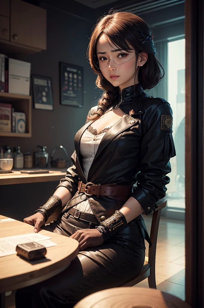 an eye patch is placed on a table, a sublime woman sits next to it, the woman's left eye is replaced by a tiny galaxy, scene in a futuristic laboratory