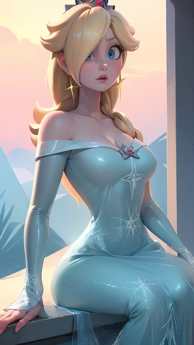 (best quality). (Ultra Detalhado). (1girl), Olhando para o Viewer. (Antecedentes detalhados). belos olhos detalhados. rosto delicado e bonito. (high saturation), seios grandes, droopy breasts, (((sexy Elsa outfit))),