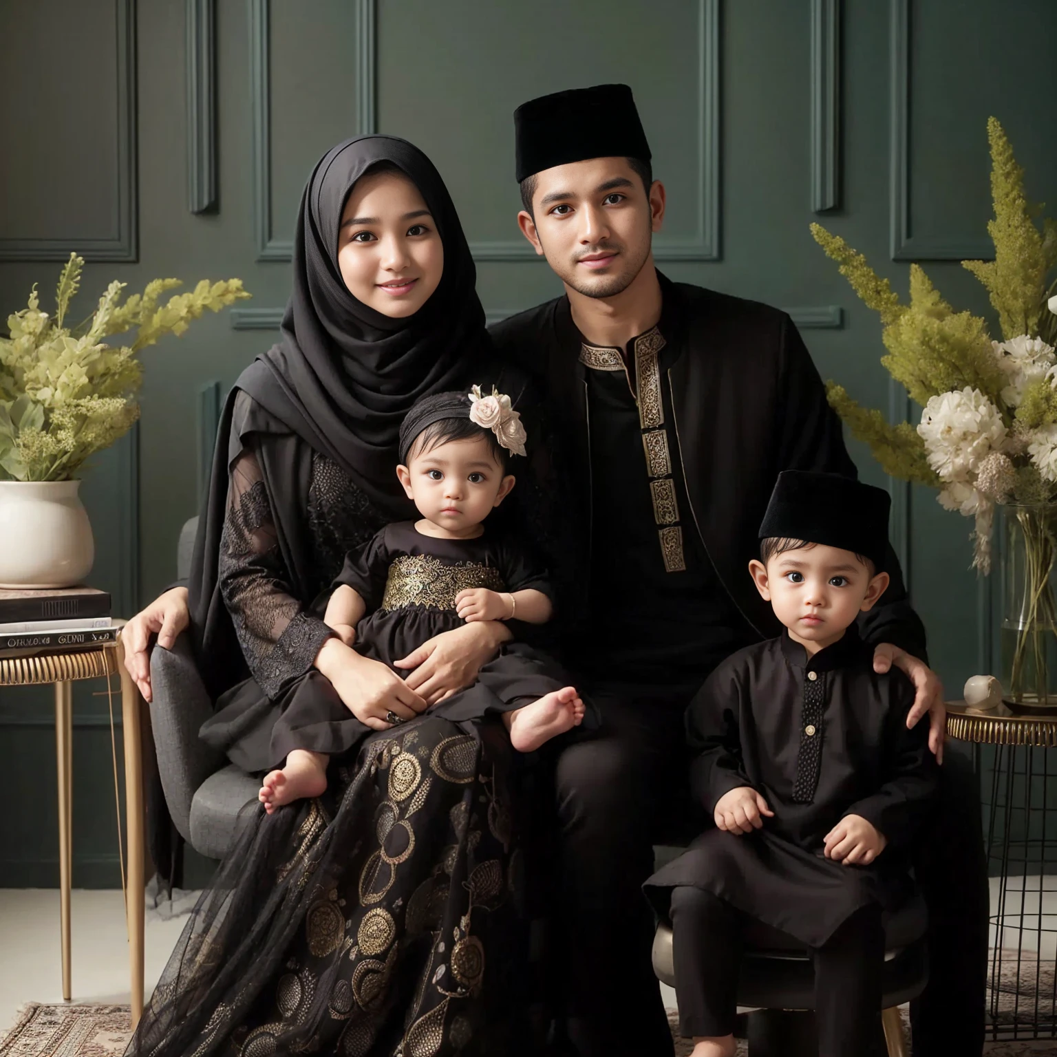 Studio Photography, 4 people, close up, an asian couple aged 27 sits on a recliner chair, a man clean shaved faces wearing a cap and islamic clothes robe, a slightly overweight woman wearing exclusive black gamis islamic sharia dress with pashmina long compliant hijab holding on a  girl aged 2 wearing cute headband and black princess dress, a littd 3 wearing black islamic clothes, sets at studio with modern black and gold patterned walls, green flower vases, side tables, fresh color, 8k, photography, UHD.