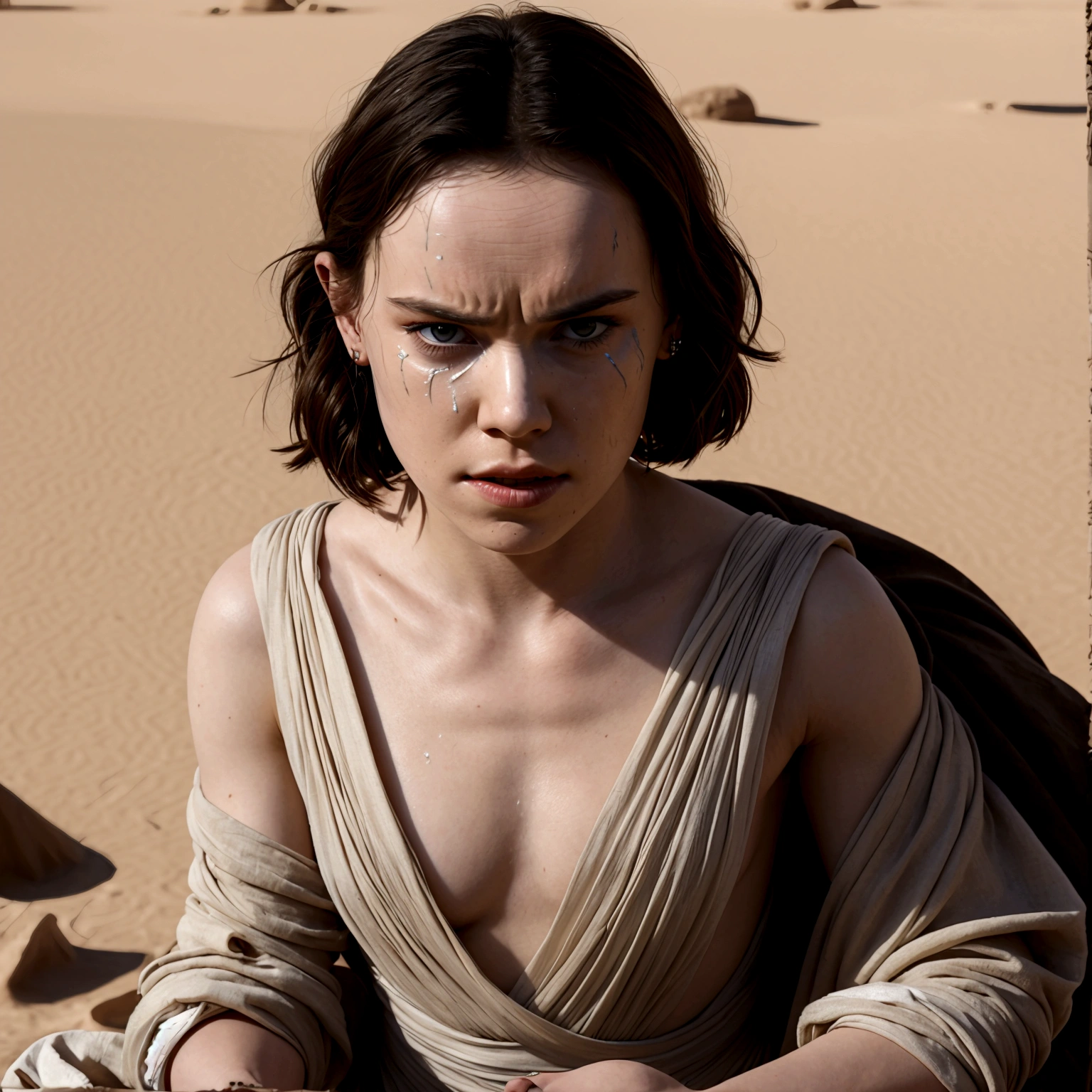 Daisy Ridley as Star Wars Ray, bloody beaten and battered, bandaging her wounds and crying patch over one eye, desert world