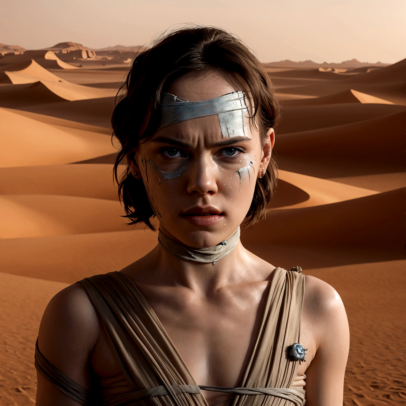 Daisy Ridley as Star Wars Ray, bloody beaten and battered, bandaging her wounds and crying patch over one eye, desert world