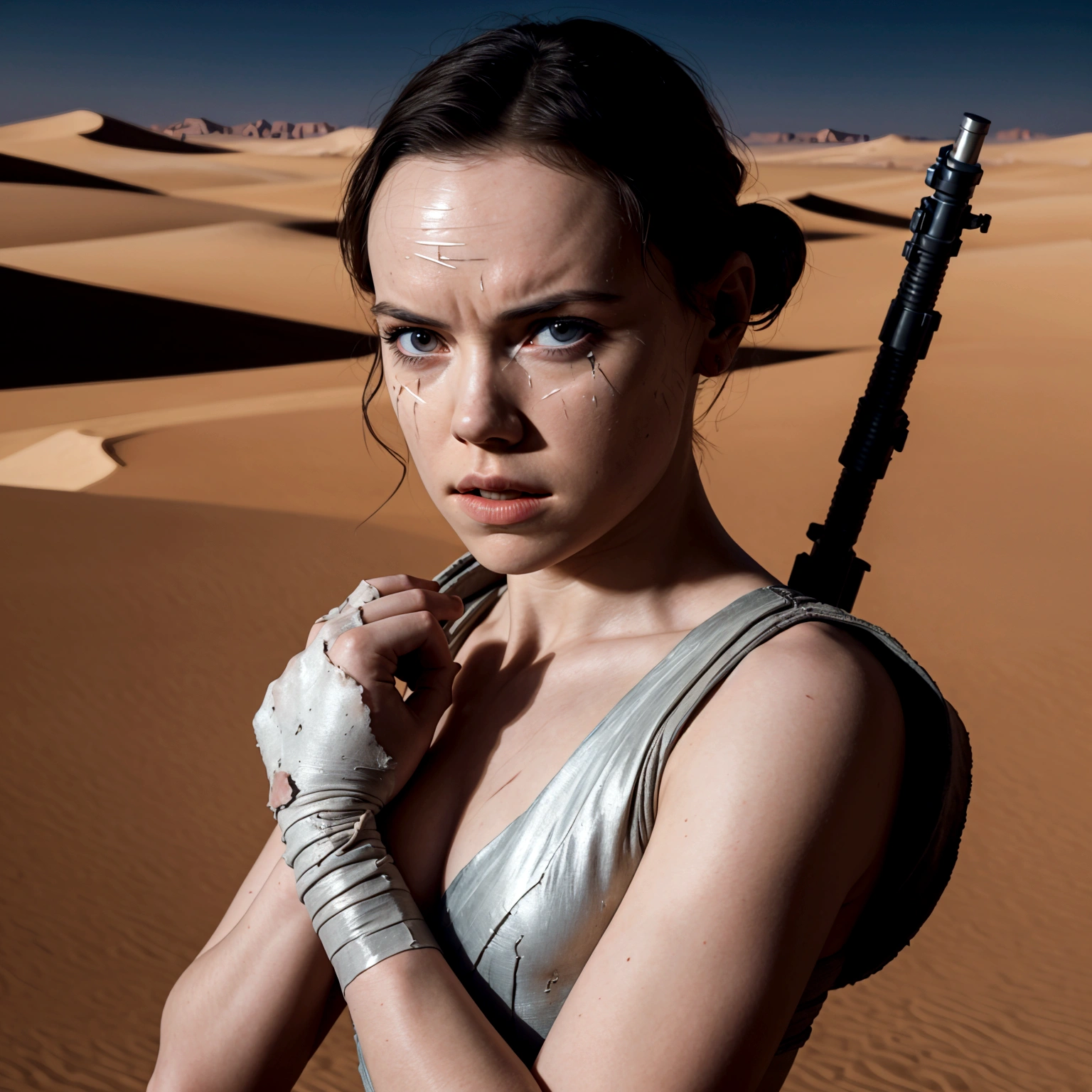 Daisy Ridley as Star Wars Ray, bloody beaten and battered, bandaging her wounds and crying patch over one eye, desert world