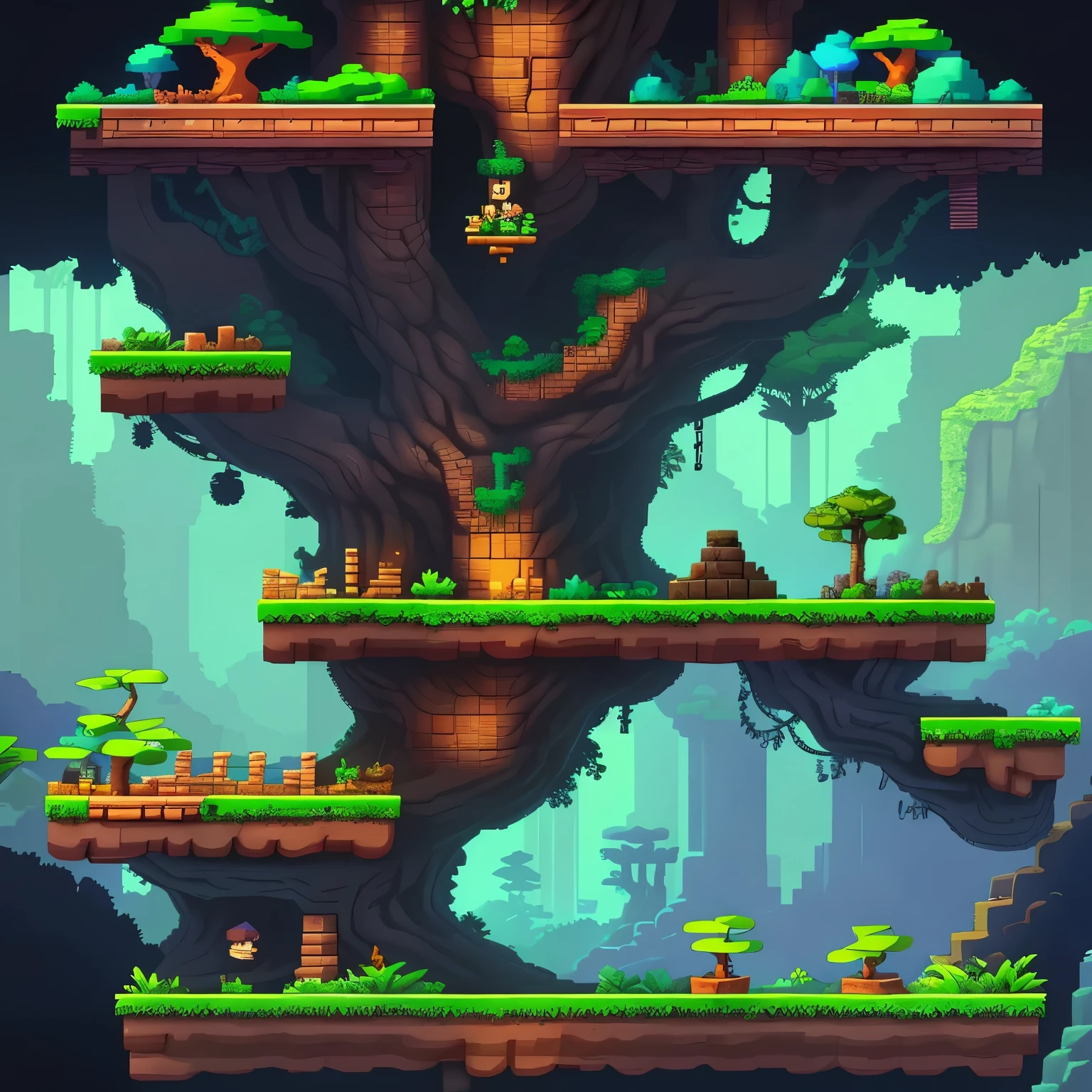 Jungle platform game, trees, Blocks, rocks, Chests, Celeste, Side scroller