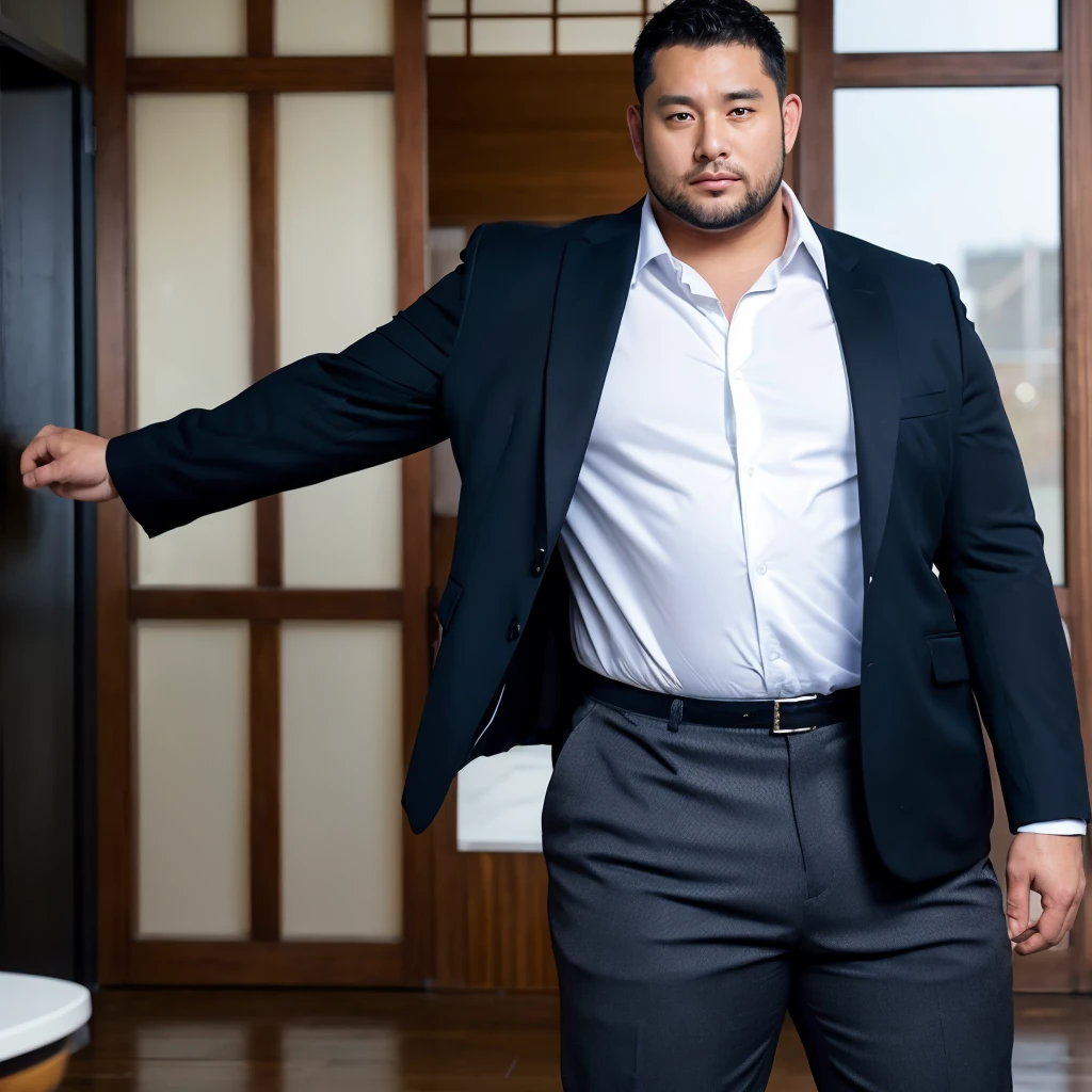 big, Fat Japanese man in a suit、whole body、office、Thick legs、Thick arm muscles、Intimidating、short hair、Kind Face、Long sleeve black jacket、Black trousers、Tight arm circumference、Long trousers、Tight suspension、Blue tie、tight white shirt、Groin bulge、Shirt tucked into pants、A very good rugby player、Intimidating、Having sex、Shiny black trousers、40 years old、tall